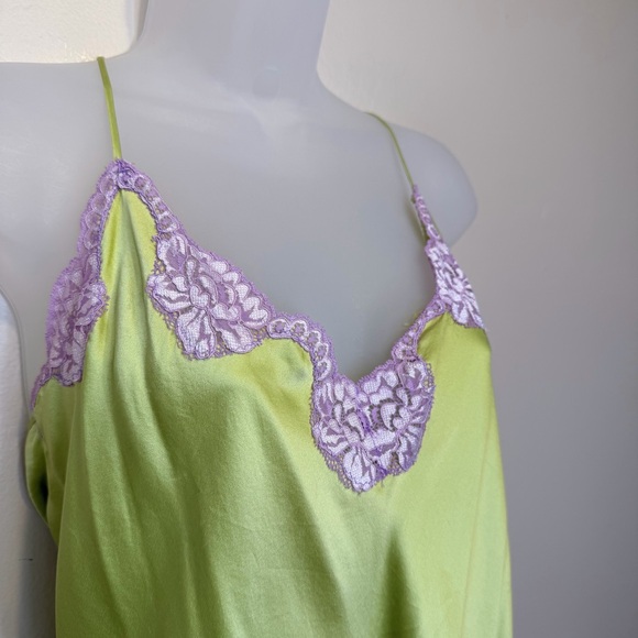 Lindsey Luxe Y2K Elegant Satin Green Lilac Lace Chemise Cami Tank Top Camisole - Picture 7 of 15